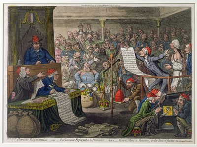 Patriottische regeneratie, -Viz.- Parlement hervormd A la Francoise, - Dat wil zeggen - Eerlijke mannen (d.w.z. oppositie) in de zetel van gerechtigheid, uitgegeven door Hannah Humphrey in 1795 door James Gillray